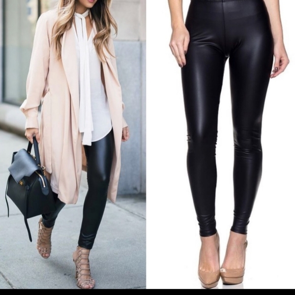 Womens Liquid Black Faux Leather Leggings sz large waist 36" 38" - Picture 2 of 6